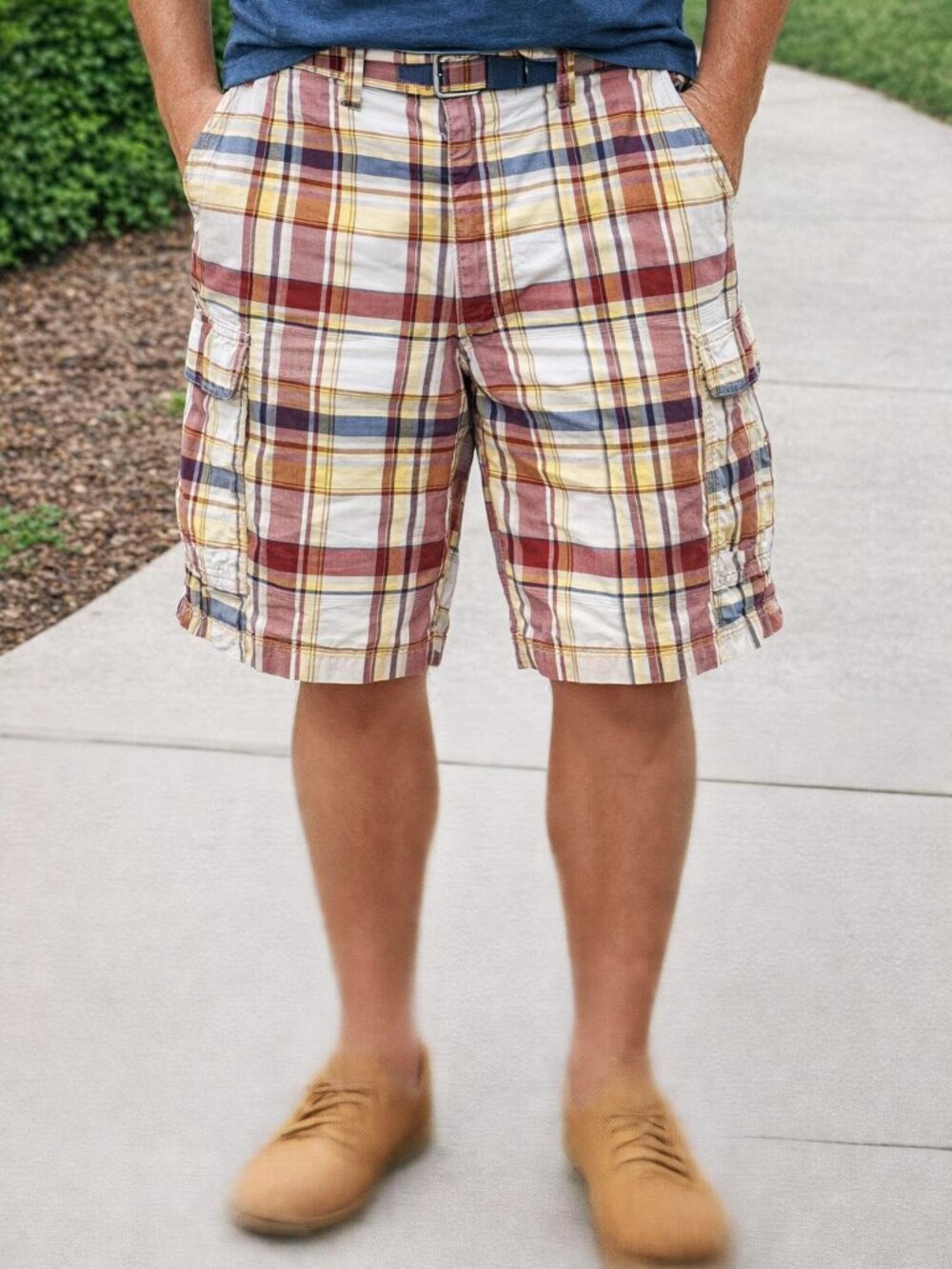 Nautica Madras Plaid Shorts Mens 34 x 10 Cotton Utility Pocket Preppy Academia